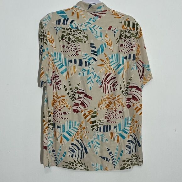 Tasso Elba Mens Button Up Leaf Shirt Tan Multicolor Short Sleeve Silk Blend - Picture 7 of 8